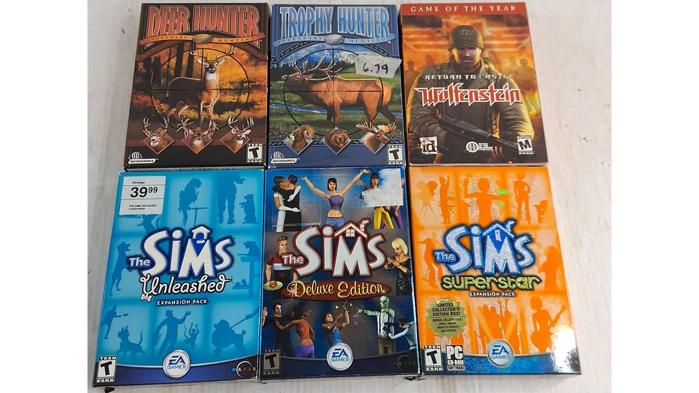 (6) PC Video Games - Deer Hunter, Castle Wolfenstein, Sims