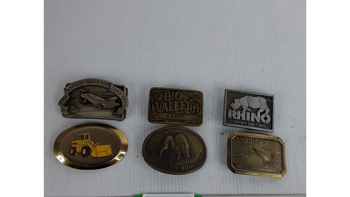 (6) Belt Buckles- Big Valley Craven, Space Shuttle Columbia, Rhino, Misc