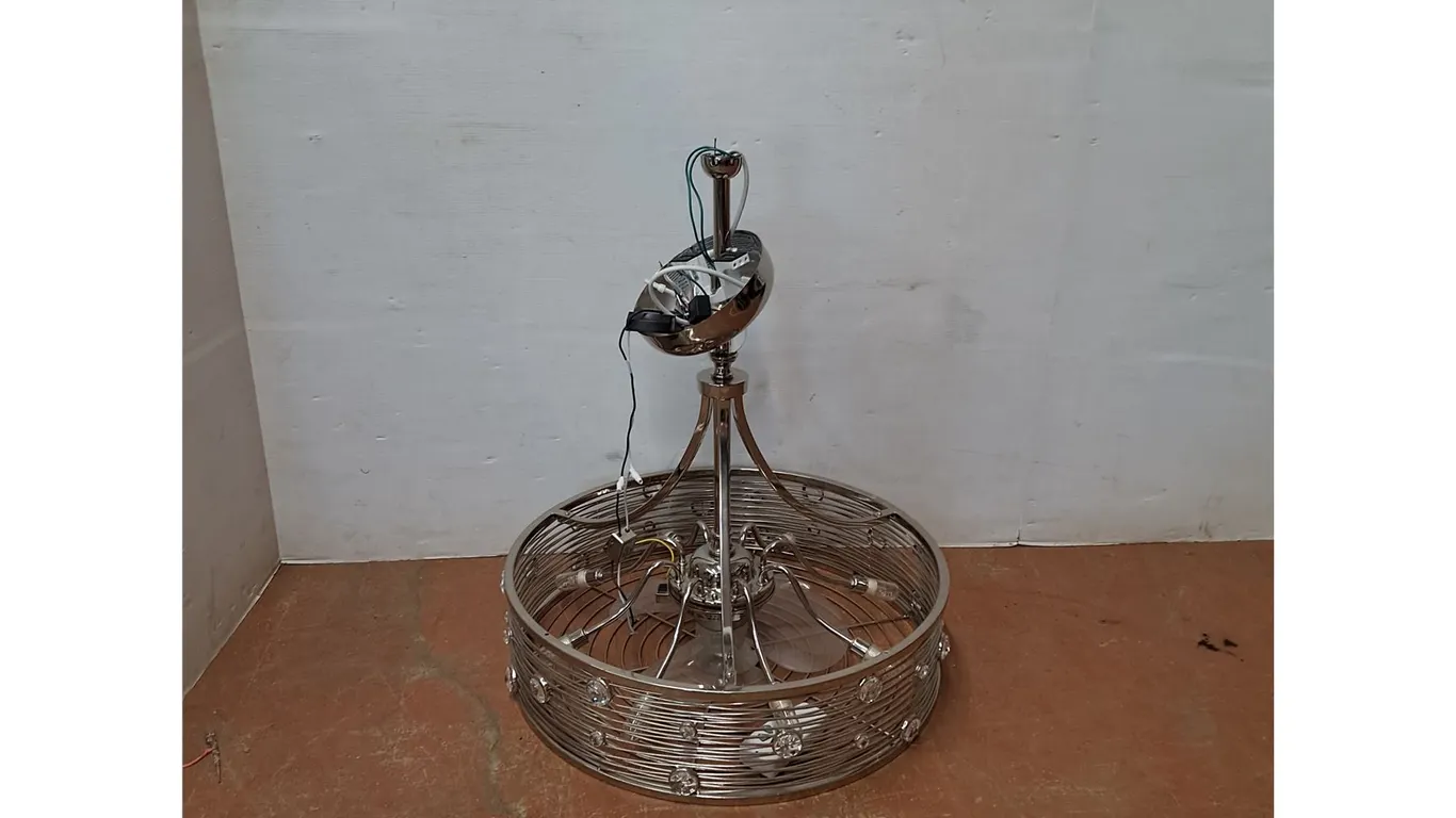 *Polished Chrome Caged Fandelier With Cracked Lightbulb 24"x27" ( as is, cannot ship)