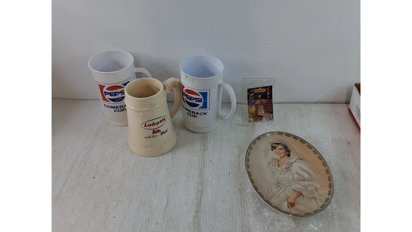 Labatt Blue Mug, (2) Pepsi Comeback Mugs, Pocahontas Trading Card, Princess Diana Plate