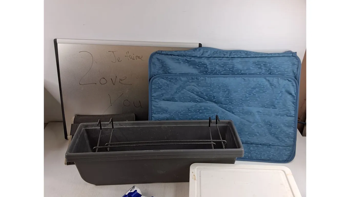 Dry Erase Board, Rectangular Planter, Plastic Container, Nerf Pistol, Misc