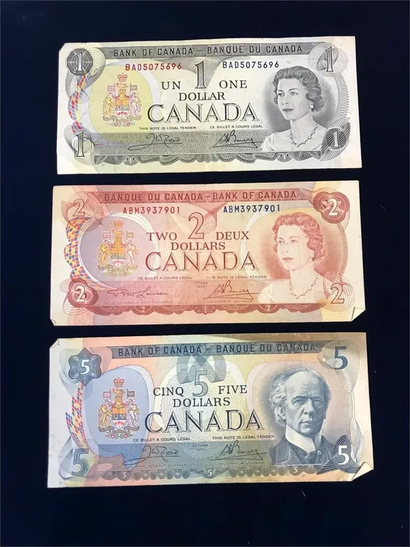1973 $1,1974 $2, 1975 $5 Bank of Canada Bank Notes