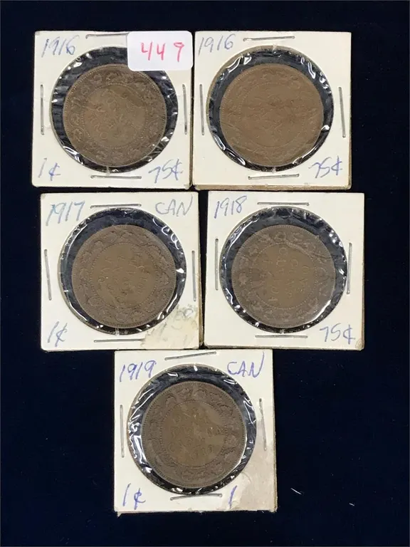 five 1916, 17, 18, 19 Canadian Large Pennies