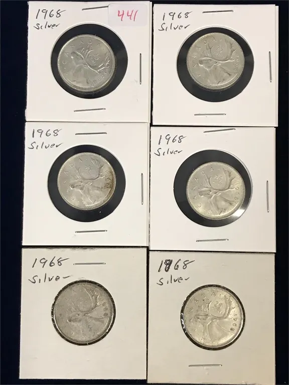 six 1968 Canadian Silver 25 Cent Pieces