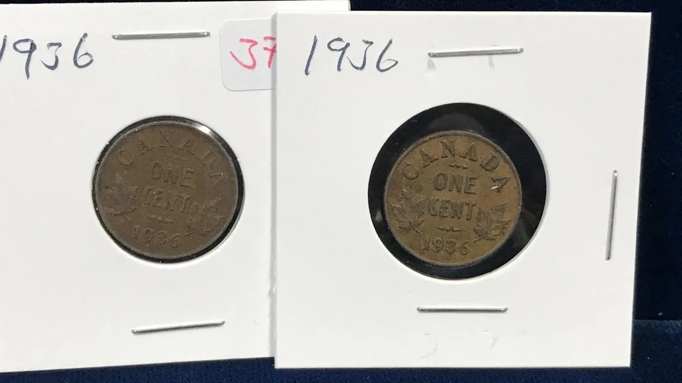 two 1936 Canadian Pennies