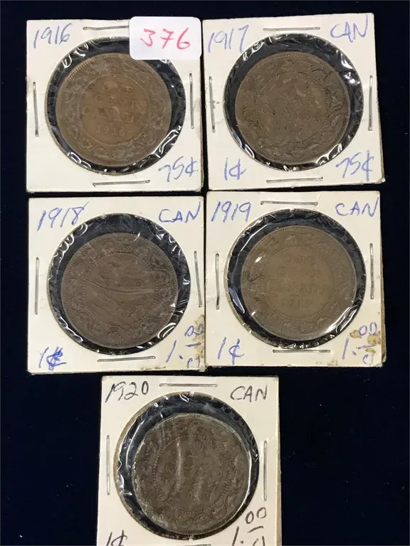 1916, 17, 18, 19, 20 Canadian Large Pennies
