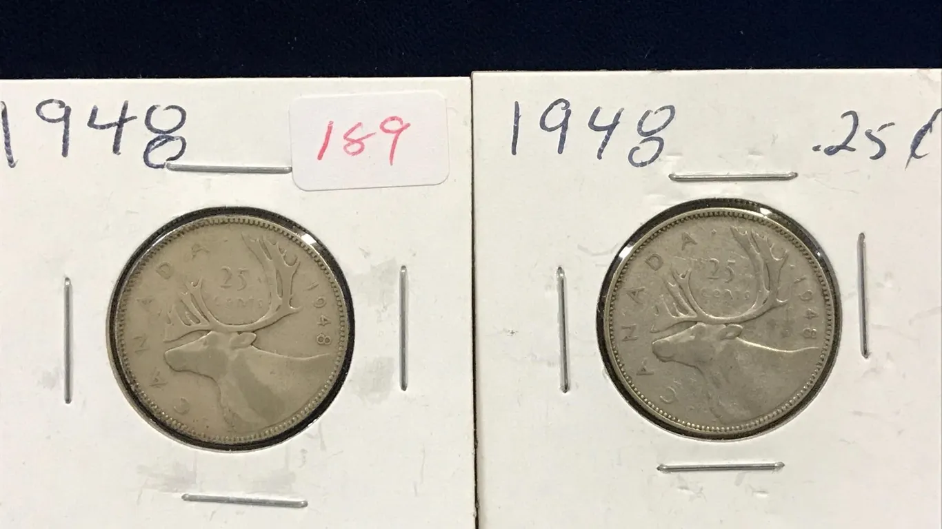 two 1948 Canadian Silver 25 Cent Pieces