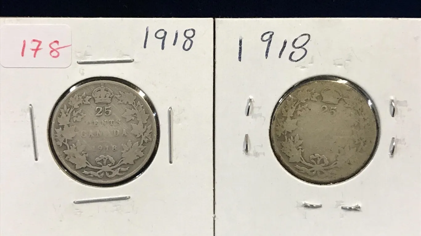 two 1918 Canadian Silver 25 Cent Pieces