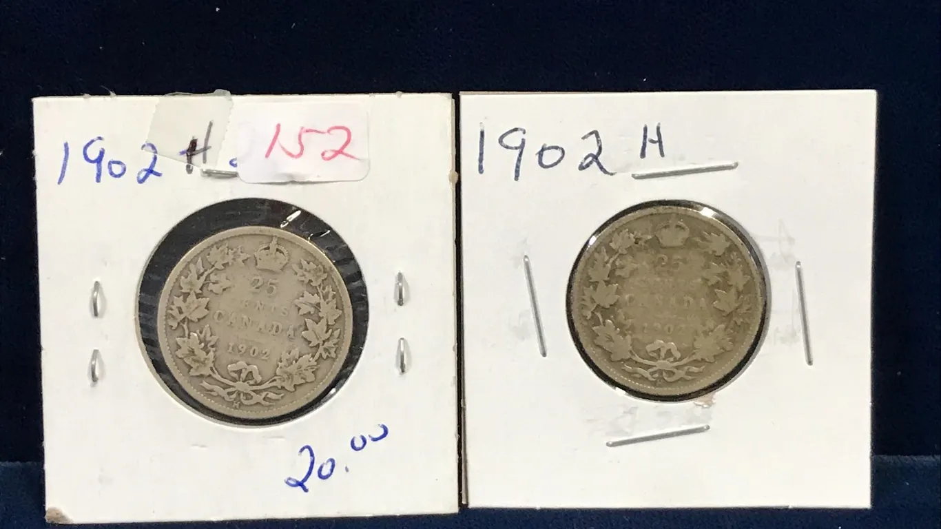 two 1902 H Canadian Silver 25 Cent Pieces