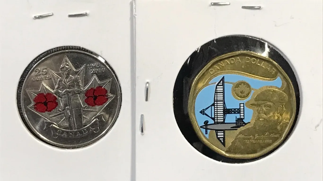 2010 Poppy Quarter,2022 Bell Loonie Canadian Coins