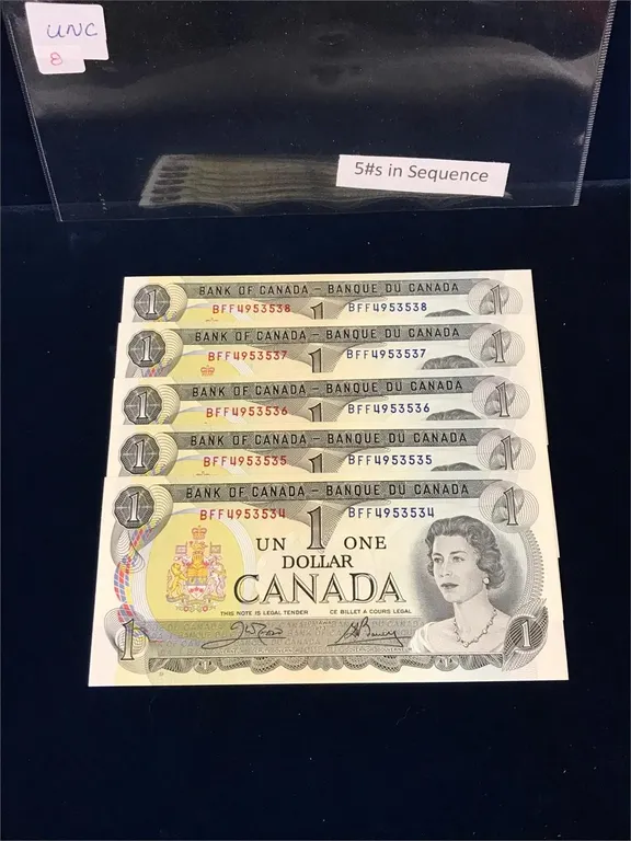 1973 Canadian $1 Bank Notes, 5 in sequence