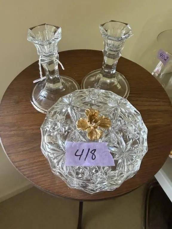 glasss trinket box / 2 candle stick holders