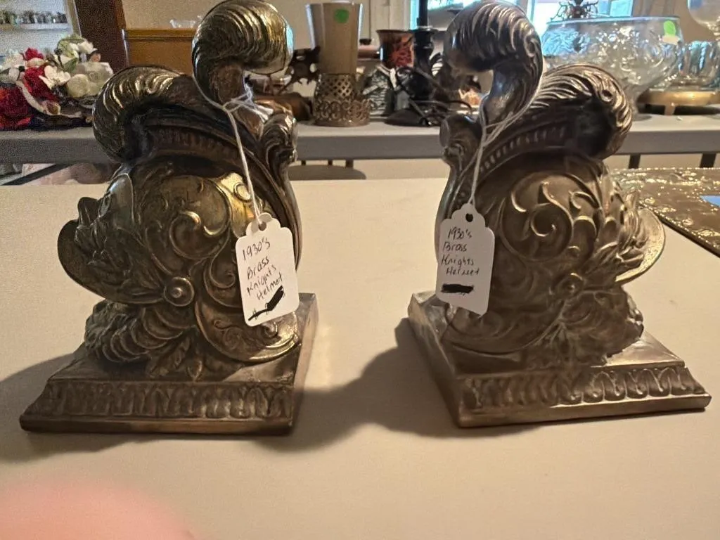 1930s brass knights helmet bookend
