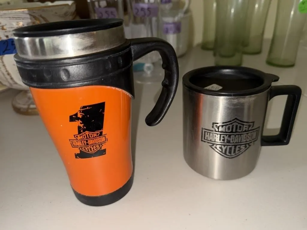 Two Harley Davidson insulated coffee mugs