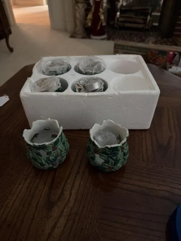 Six ceramic Christmas candle holders