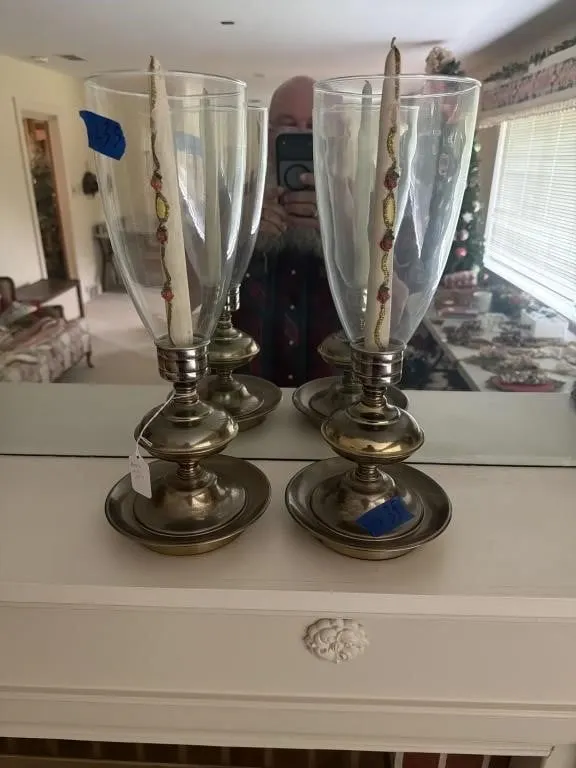 Pair of glass and brass candle holders with