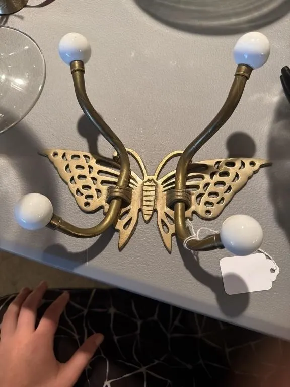 Vintage brass butterfly wall hook with ceramic