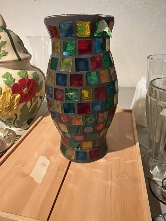 This item is a stained glass mosaic vase