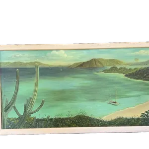 Signed “Rosina” Coastal Landscape Painting – Cactus & Sailboats 17x31