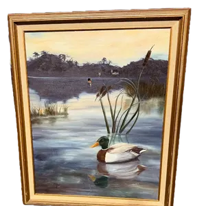Signed Theodore Mallard Duck Pond Oil Painting on Canvas Framed 32x26.5