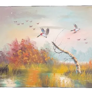 R. Burton Signed Oil on Canvas Mallard Duck Marsh Scene