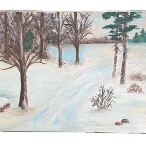 J. Larsen Signed Oil on Canvas Winter Farm Landscape 16x34