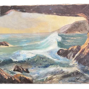 Signed Oil on Canvas Rocky Coastal Seascape