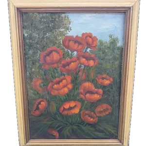 E. Root Signed Oil on Canvas Red Poppy Floral Painting 28”x21”