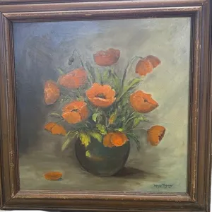 Mary Regan 1980 Signed Oil on Canvas Orange Poppy Floral Still Life 20”x24”