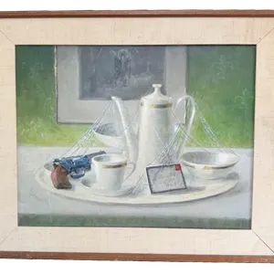 Signed Still Life Painting Teapot Cups Revolver 18x22