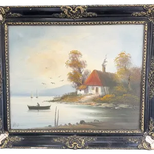 Signed Oil on Canvas Lake Cottage Fishing Scene Ornate Frame 20x24