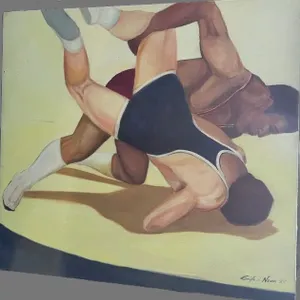 Gayle J. Novak 1986 Wrestlers Painting 32x30