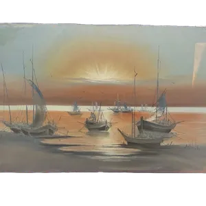 James K Lee Signed Oil on Canvas Harbor Boats Sunset Seascape