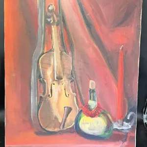 Masterson Signed Violin Wine Bottle Still Life Original Oil Painting 24x18