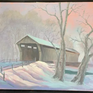 Winter Covered Bridge Landscape Painting on Canvas 18x24