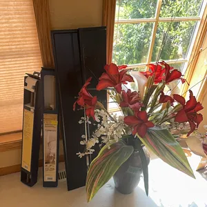 vase with flowers, shelves, pole extender