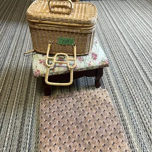 wicker sewing box, foot stool, fabric bulletin board