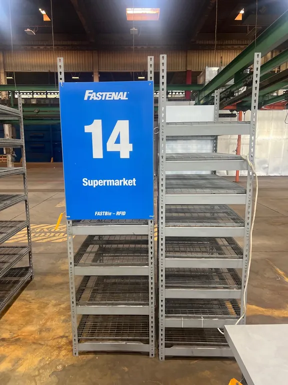 (2) Fastenal and Dematic Industrial Wire Shelving Units