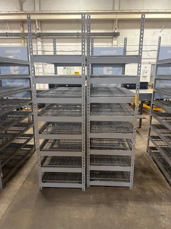 (2) Fastenal Heavy Duty Metal Rivet Shelving Units with Wire Decking