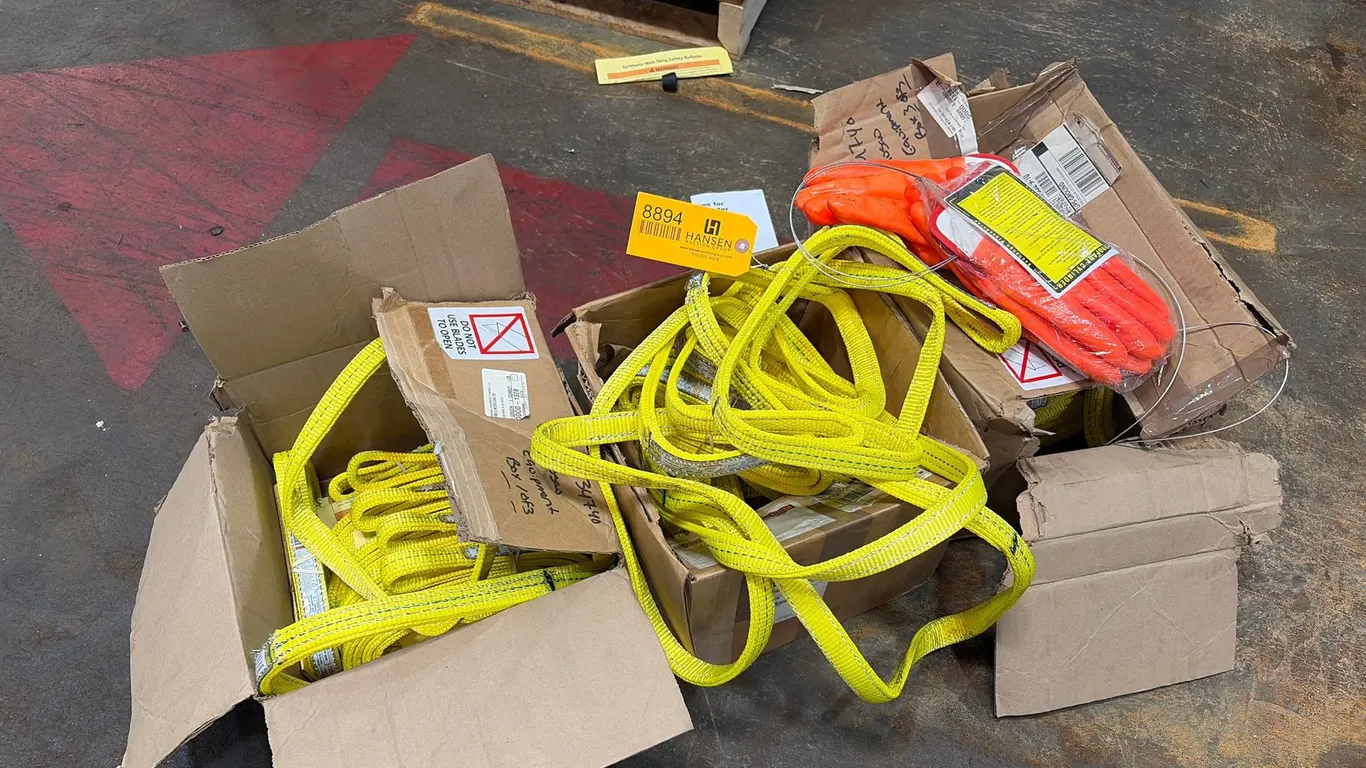(3) Boxes of Wiscolift Synthetic Web Lifting Slings and Propane Cylinder Gloves