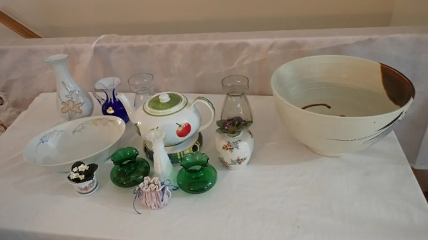 Signed Bowl and Flower Forcers and Vases
