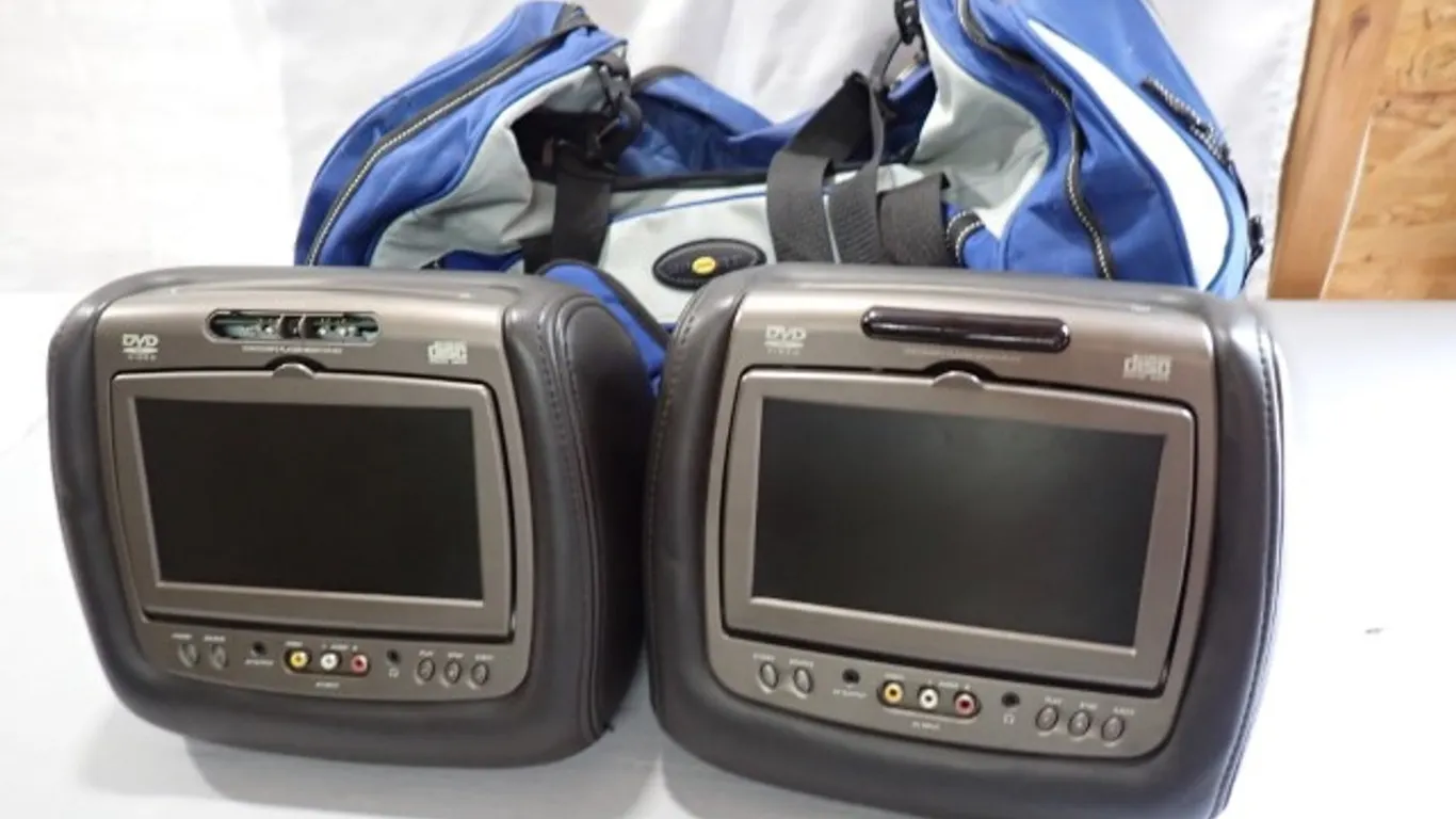 Pair of Automotive Leather Headrests with Built-In DVD Players & LCD Screens