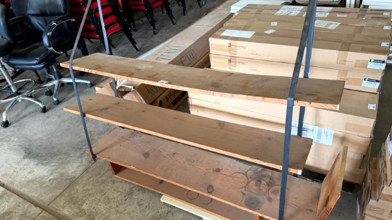 Homemade Wooden Shelf with Metal Brackets, Measures 58 x 12 x 48