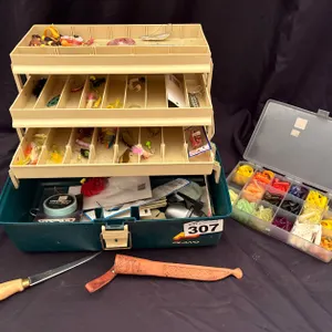 TACKLE BOX, ASSORTED FISHING TACKLE & FILLET KNIFE