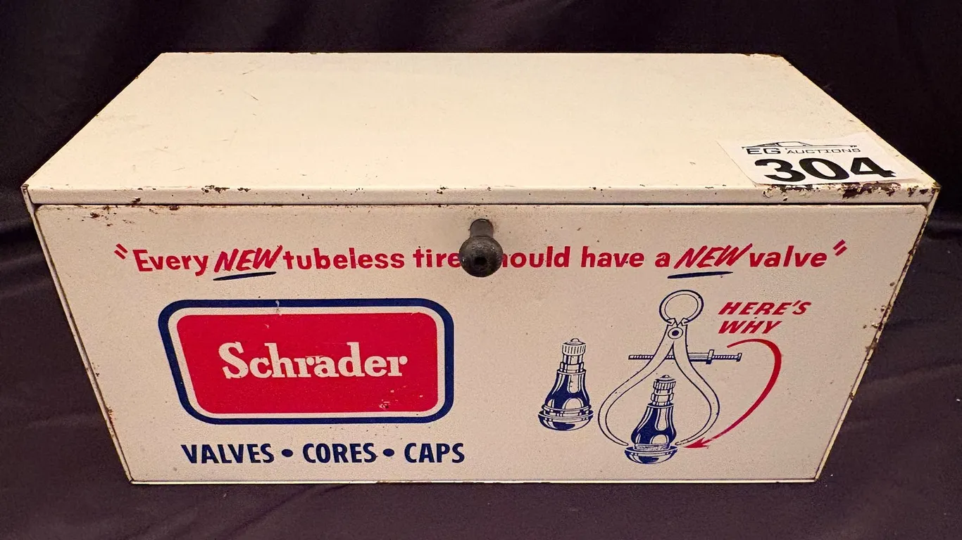 VINTAGE SCHRADER METAL DISPLAY & STORAGE CABINET