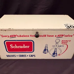VINTAGE SCHRADER METAL DISPLAY & STORAGE CABINET