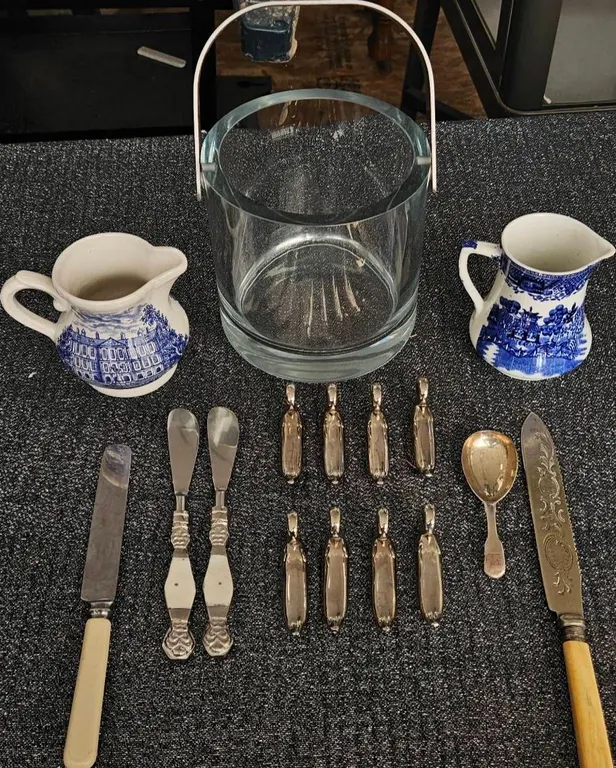 Tableware Lot with Broadhurst Pitchers, Flatware, and Glass Ice Bucket