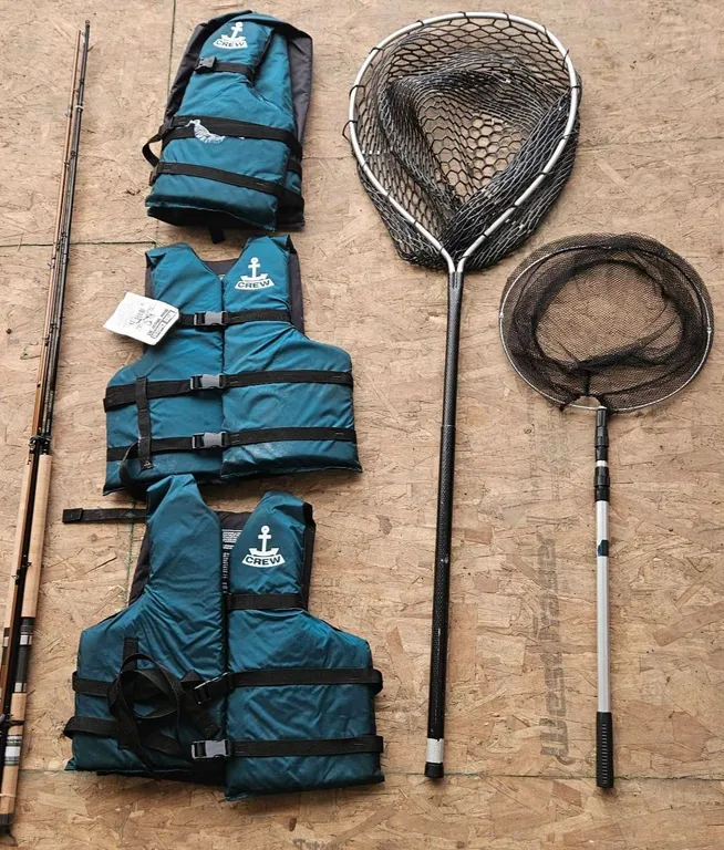 Fishing Gear Set With Life Jackets, Nets, Okuma and Shimano Rods