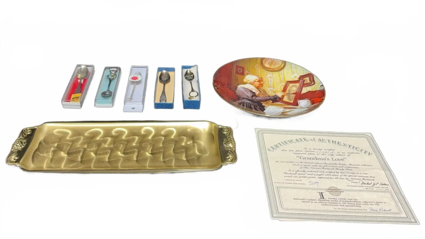 Norman Rockwell Plate with Certificate and Five Collector Spoons