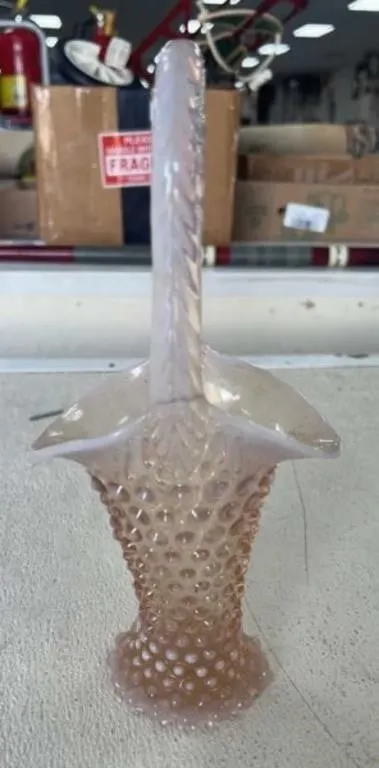 10" Fenton Hobnail Pink Glass Basket